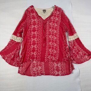 Como Vintage Womens Red Boho Crochet Lace Bell Sleeve Blouse Top Large U2U192